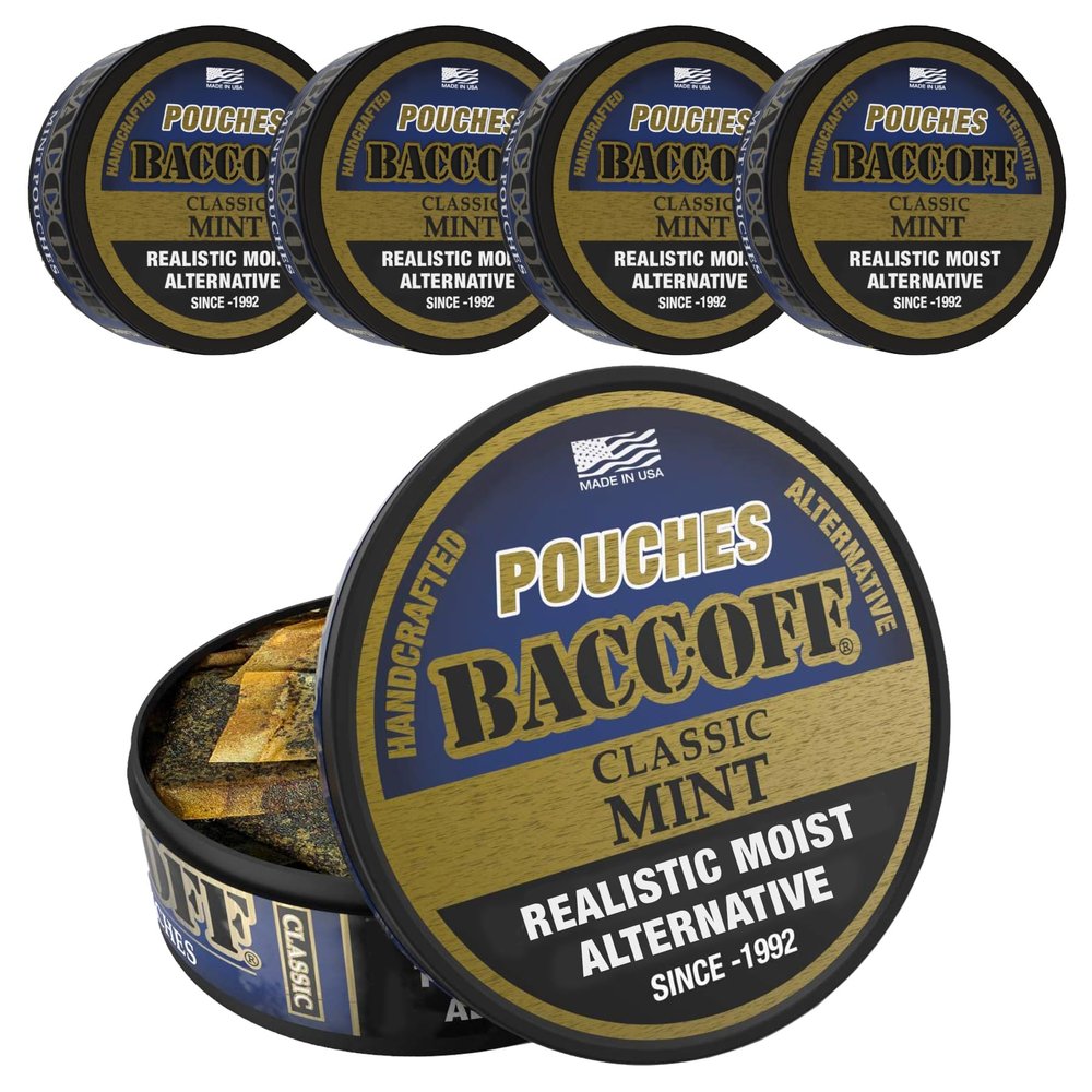 5 Cans, BaccOff Mint Pouches, Black Tea Base with Smooth, Strong Mint and Classic Flavors, 16 Pouches Per Can