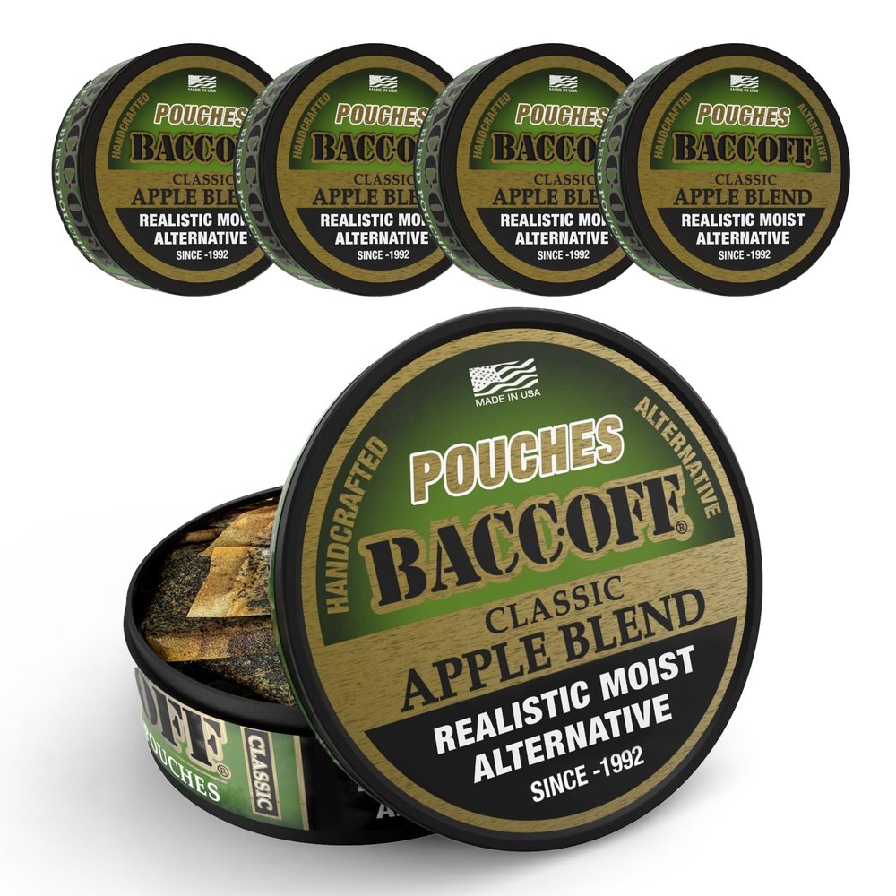 5 Cans, BaccOff Apple Pouches, Black Tea Base with Crisp, Sour Apple and Dark, Classic Flavors, 16 Pouches Per Can