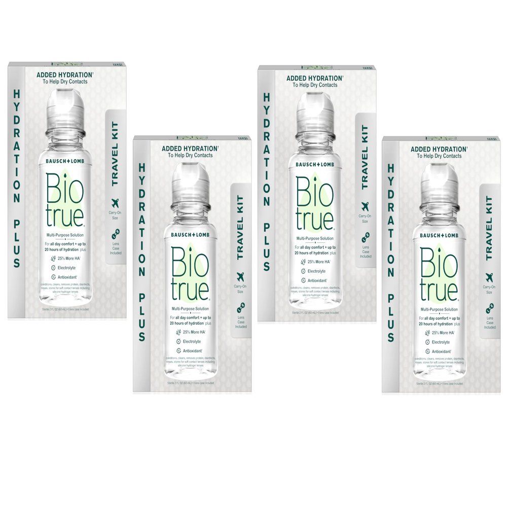 Biotrue Contact Lens Solution, Multi-Purpose Solution for Soft Contact Lenses, Lens Case Included, 2 FL OZ Travel Size (Pack of 4)