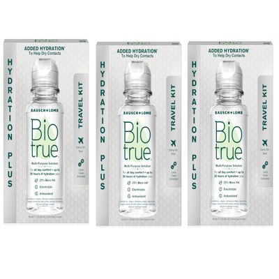 Biotrue Contact Lens Solution, Multi-Purpose Solution for Soft Contact Lenses, Lens Case Included, 2 FL OZ Travel Size (Pack of 3)