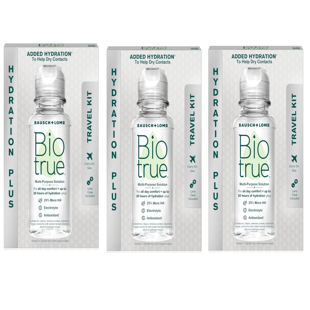 Biotrue Contact Lens Solution, Multi-Purpose Solution for Soft Contact Lenses, Lens Case Included, 2 FL OZ Travel Size (Pack of 3)