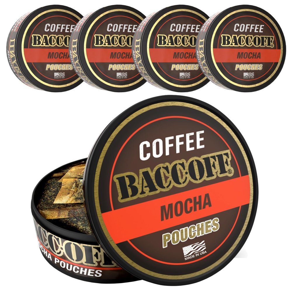 5 Cans, BaccOff Mocha Coffee Pouches, 50 MG of Caffeine Per Serving, Creamy Chocolate and Smooth Coffee Flavors, 16 Pouches Per Can