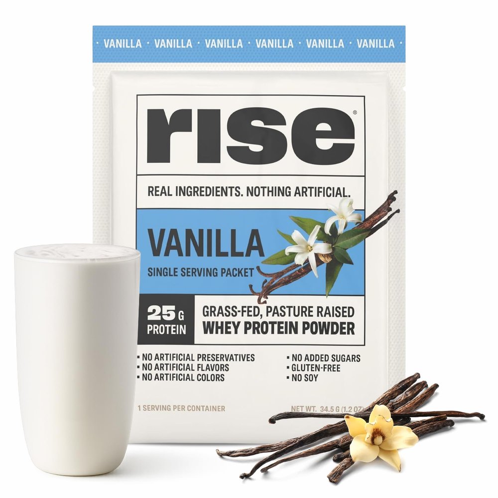 Rise Grass-Fed Whey Protein Powder - Vanilla | 25g Protein No Artificial Flavors, Colors, or Preservatives - Sugar Free, Gluten-Free, Soy Free (Single Serving, 1 Pack)