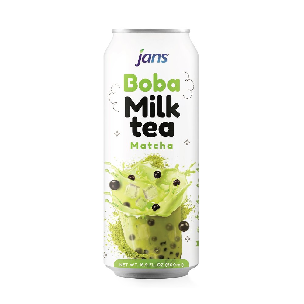 Jans Boba Milk Tea Matcha Flavor, Sweet & Creamy Taiwanese Milk Tea Drink with Tapioca Bubble Boba, Canned Matcha Green Tea Latte Beverage, 16.9 Fl Oz Can (Pack of 12)