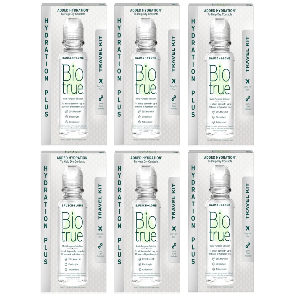 Biotrue Contact Lens Solution, Multi-Purpose Solution for Soft Contact Lenses, Lens Case Included, 2 FL OZ Travel Size (Pack of 6)