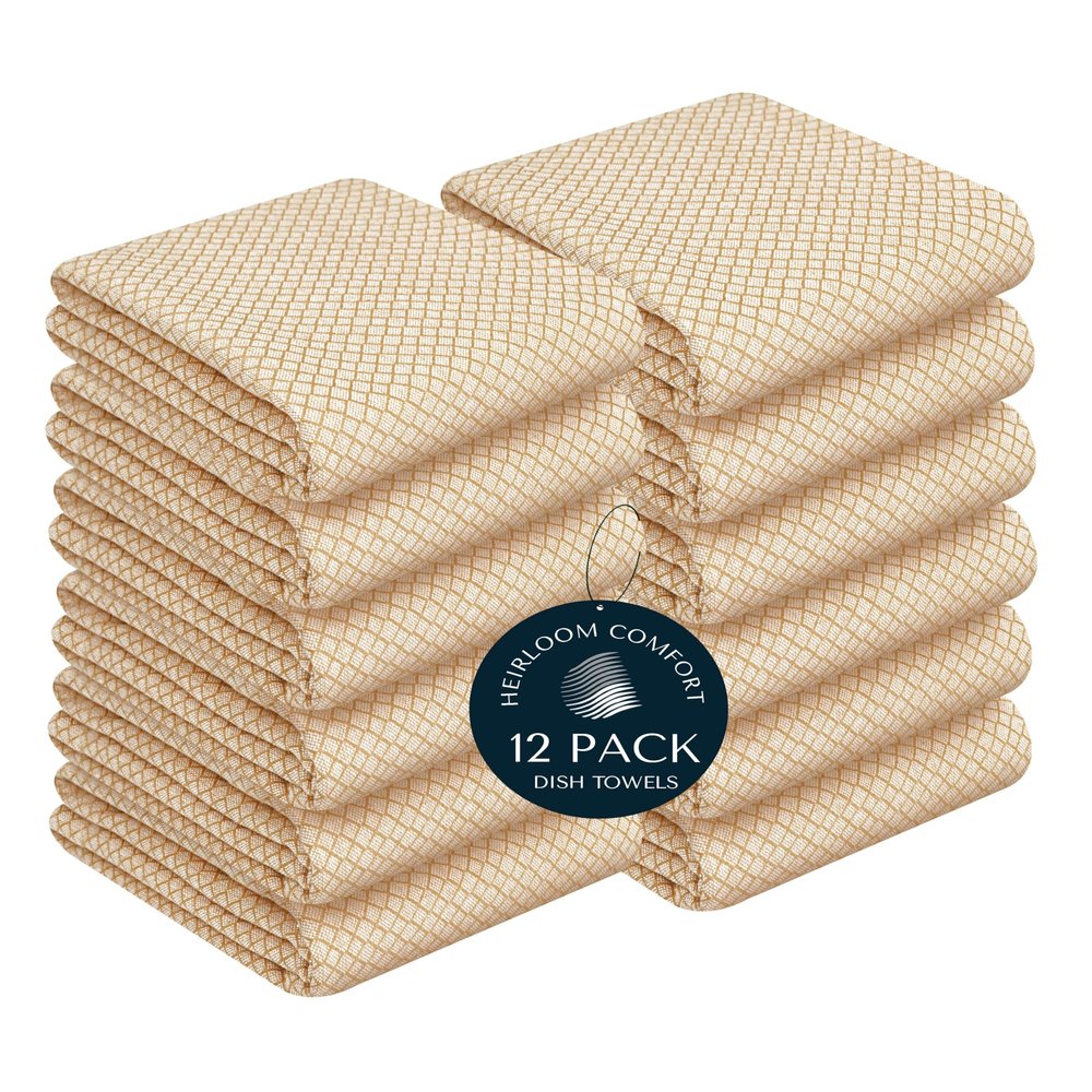 HEIRLOOM COMFORT Khaki Honeycomb Kitchen Towels 12 Pack, 16x26 Inch, 100% Cotton, Absorbent & Fast Drying, Reusable Dish Towels for Everyday Cleaning, Drying Dishes & All Kitchen Use