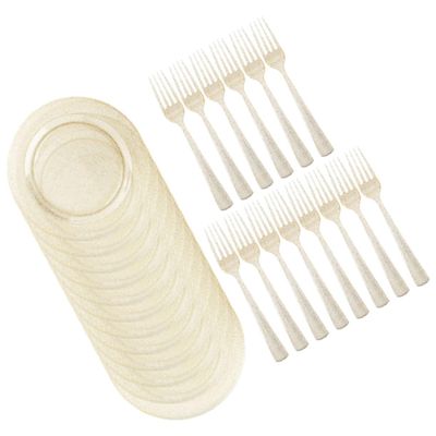 HOLIDYOYO 1set Disposable Glitter Plates and Fork Glitter Dessert Plates Matching Forks for Parties Events and Appetizers Serving Dinnerware