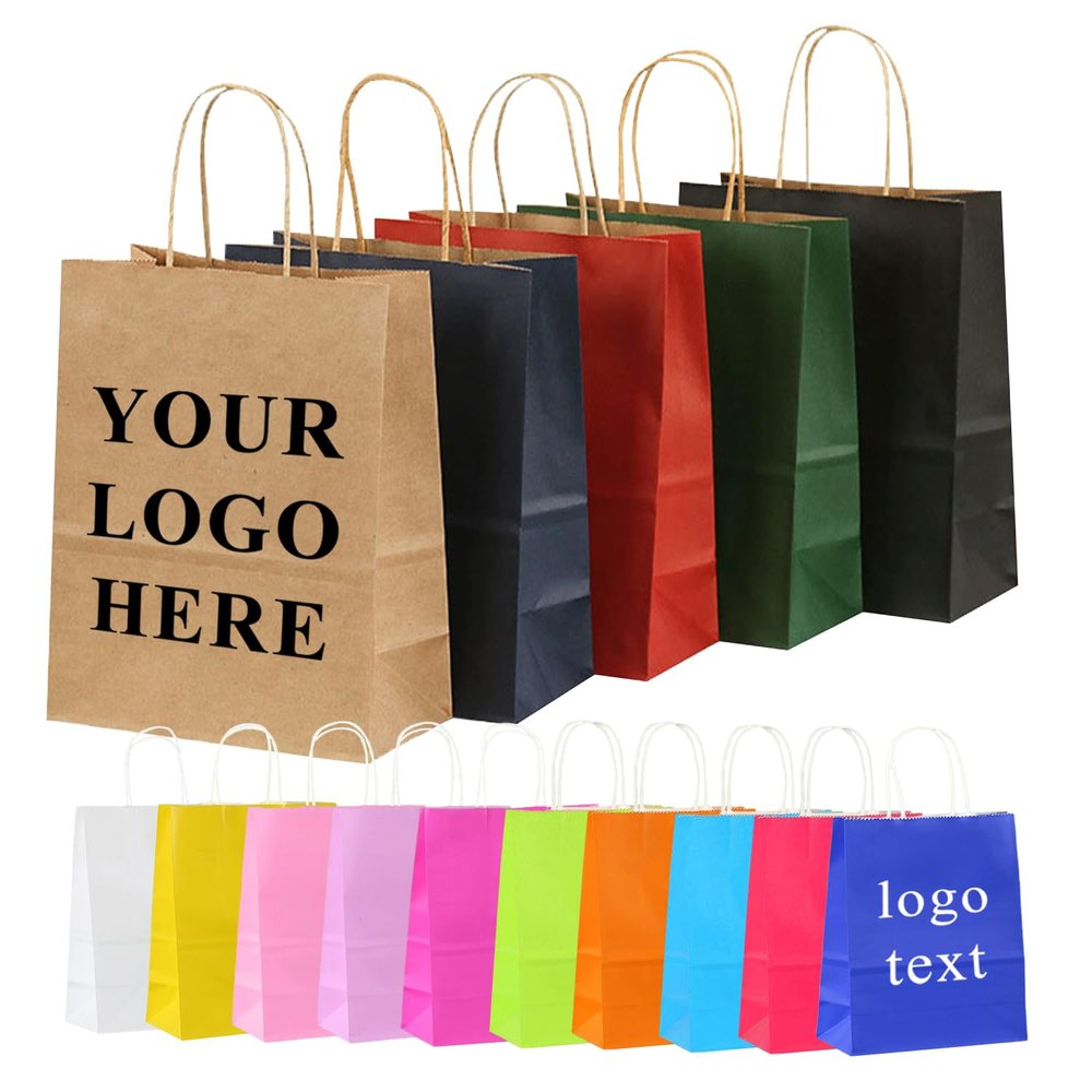 Lsoiapk Custom 25 50 100 Paper Gift Bags with Handles,Personalized Retail Kraft Paper Bags with Logo,Party Favor Thank You Bag for Birthday,Baby Shower,Small Business (Small, 15x8x21cm)