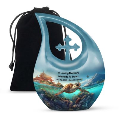 JAGLASH Custom Turtle Funeral Urn for Ashes for Women - Blue Memorial Urns for Adult Male - Large Ocean Cremation Urn for Mother & Father - Burial Human Urns for Ashes Adult Female 10 Inch