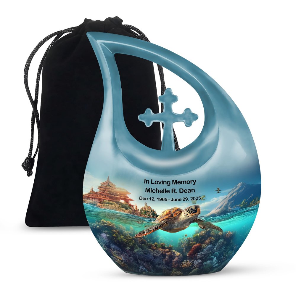 JAGLASH Custom Turtle Funeral Urn for Ashes for Women - Blue Memorial Urns for Adult Male - Large Ocean Cremation Urn for Mother & Father - Burial Human Urns for Ashes Adult Female 10 Inch