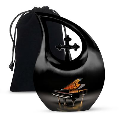 JAGLASH Piano Burial Urns for Human Ashes Adult Man - Large Black Cremation Urn for Mother - Decorative Cross Drop Memorial Urn for Ashes for Women - Funeral Urns for Adult Male - 10 Inch