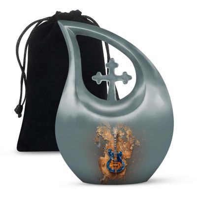 JAGLASH Electric Guitar Cremation Urn for Male & Female - Large Funeral Urns for Men & Women - Burial Urn for Human Ashes Husband & Wife - Decorative Cross Drop Urns for Mom & Dad (10 Inch)