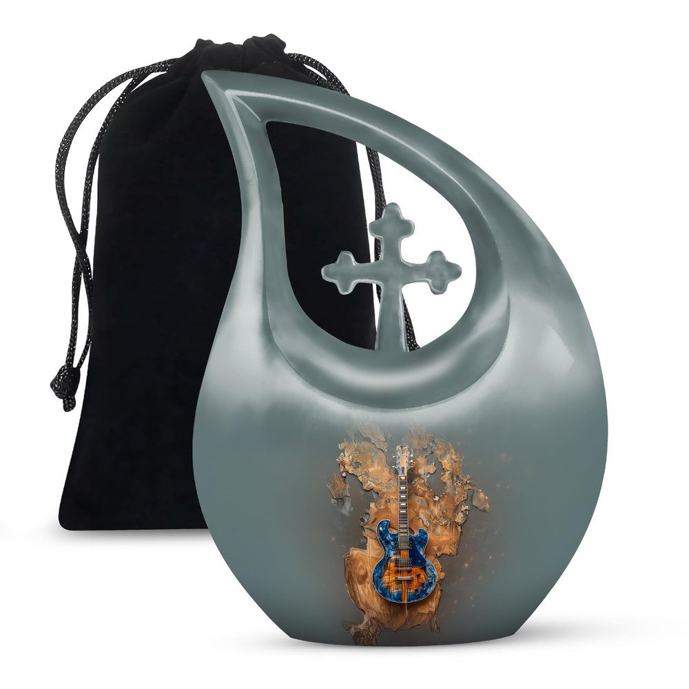 JAGLASH Electric Guitar Cremation Urn for Male & Female - Large Funeral Urns for Men & Women - Burial Urn for Human Ashes Husband & Wife - Decorative Cross Drop Urns for Mom & Dad (10 Inch)
