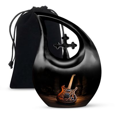 JAGLASH Electric Guitar Cremation Urn for Husband & Wife - Memorial Large Urns for Mother & Father - Funeral Urn for Human Ashes Men - Decorative Black Cross Drop Urns for Adult Male (10 Inch)