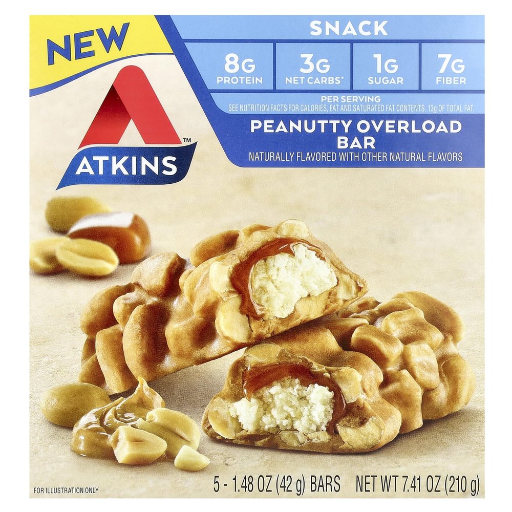 Atkins Snack, Peanutty Overload Bar, 5 Bars, 1.48 oz (42 g) Each