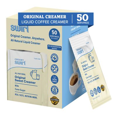 Swirl - Original Sweet Creamer - Liquid Real Milk Smooth Additive Free Single Serve No Refrigeration Travel Friendly - 9g per pack 50 packets