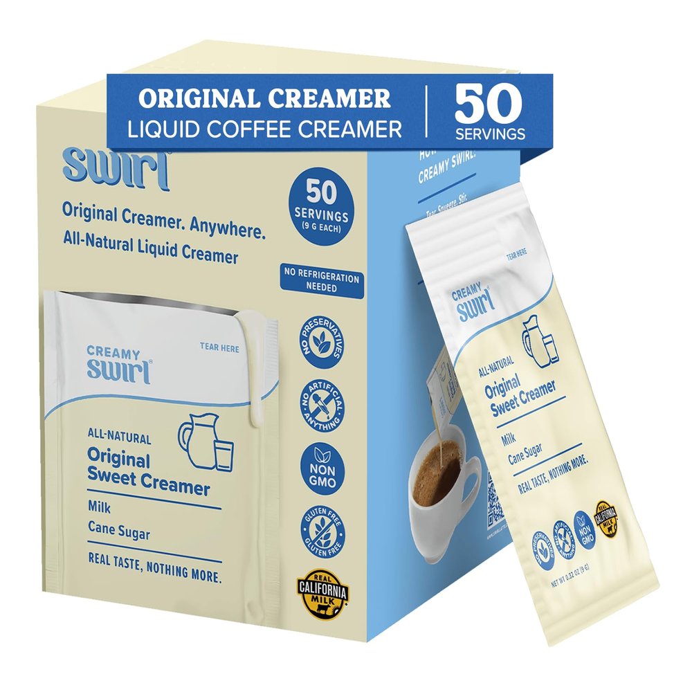 Swirl - Original Sweet Creamer - Liquid Real Milk Smooth Additive Free Single Serve No Refrigeration Travel Friendly - 9g per pack 50 packets