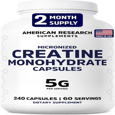 American Research Supplements Creatine Monohydrate Capsules 5G, 60 Servings, Micronized Creatine Pills for Men and Women, 4 Caps per Serving
