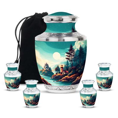 Lighthouse Adult Cremation Funeral Urn for Human Ashes, Keepsake Memorial Gift for Father & Mother, Small Urns for Ash, Combo, Green (10 Inch & 3 Inch Mini Set of 3)