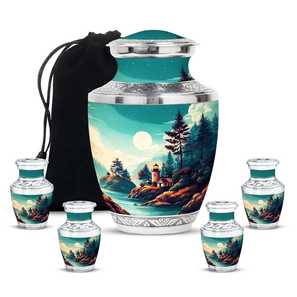 Lighthouse Adult Cremation Funeral Urn for Human Ashes, Keepsake Memorial Gift for Father & Mother, Small Urns for Ash, Combo, Green (10 Inch & 3 Inch Mini Set of 3)