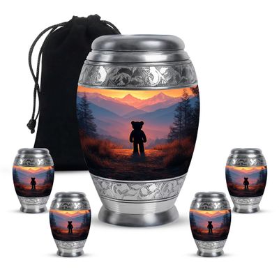 Teddy Bear Adult Cremation Funeral Urn for Human Ashes, Keepsake Memorial Gift, Mini Urns for Ash Container, Combo, Dark Blue (10 Inch & 3 Inch Mini Set of 3)