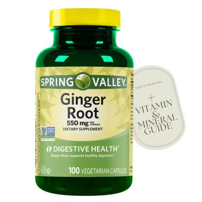 Ginger Root Capsules 550 mg, 100 Count (1 Bottle) + Vitamin Guide & Sticker Included