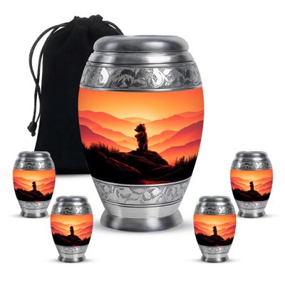 Teddy Bear Adult Cremation Funeral Urn for Human Ashes, Keepsake Memorial Gift, Beautiful Mini Urns for Ash Container, Combo, Orange (10 Inch & 3 Inch Mini Set of 3)