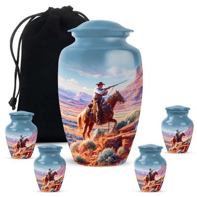 Cowboys Adult Cremation Funeral Urn for Human Ashes, Keepsake Memorial Gift, Handcrafted Small Urns for Ash Container, Combo, Blue (10 Inch & 3 Inch Mini Set of 3)