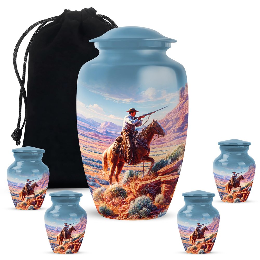 Cowboys Adult Cremation Funeral Urn for Human Ashes, Keepsake Memorial Gift, Handcrafted Small Urns for Ash Container, Combo, Blue (10 Inch & 3 Inch Mini Set of 3)