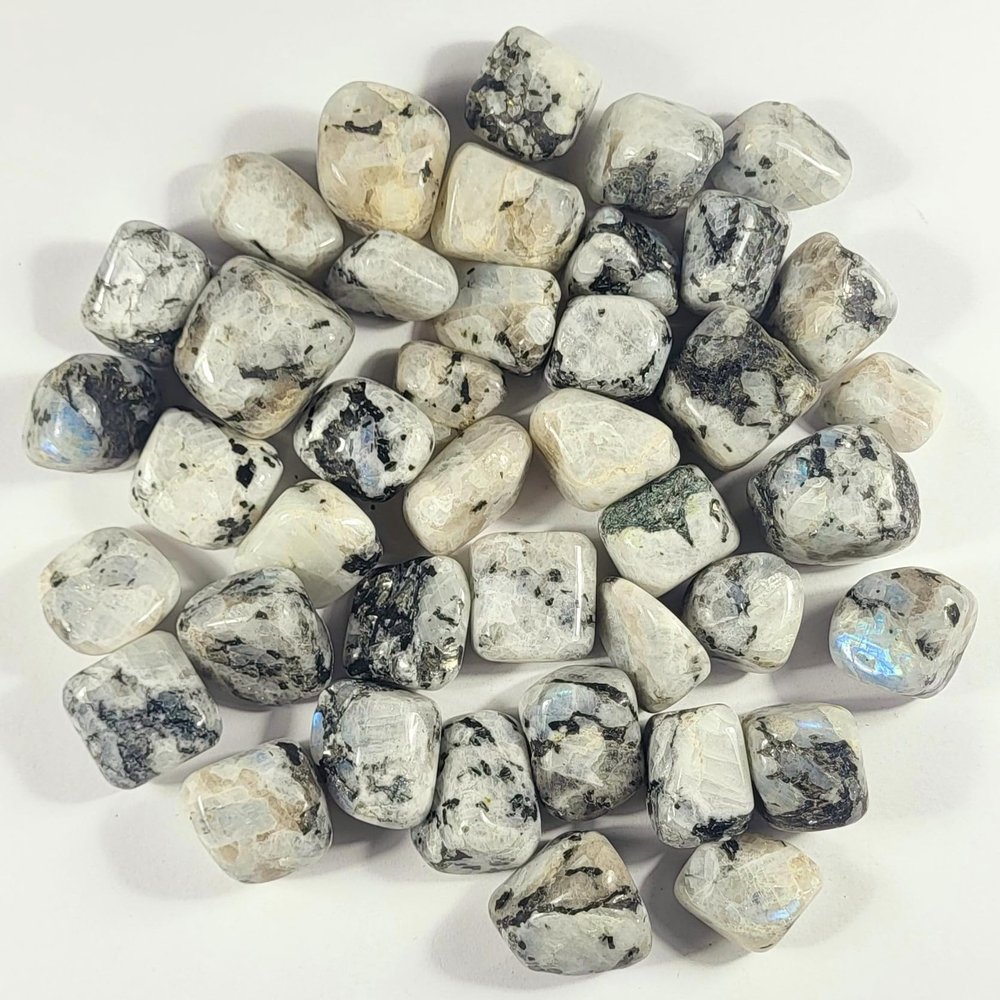 100g (3.5oz) Rainbow Moonstone w/Tourmaline Inclusions Tumble Stone Pebbles Polished Natural Sparkling Feldspar Gemstone Crystal Mineral Collectible Decor Specimen - India