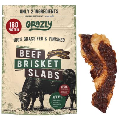 Grazly Beef Brisket Slab Steakhouse Quality | Grass-Fed & Finished | Only Meat & Salt, Soft & Buttery Texture | High-Protein Carnivore Snack | Made from 1lb Raw Brisket | 5oz On-the-Go Snack Pack