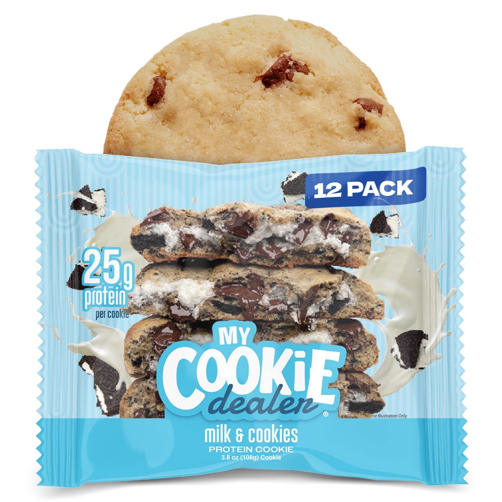 My Cookie Dealer Protein Cookies, Milk & Cookies (12-Pack, 3.8oz Each) - 25g of Protein per Cookie - Individually Wrapped Workout Snacks for On-The-Go Travel