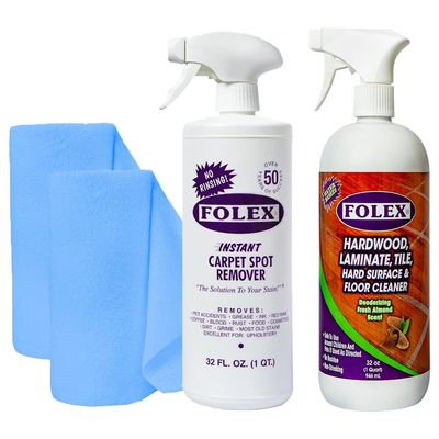 FOLEX Carpet Spot Remover & Hardwood/Floor Cleaner Bundle Removes Pet Stains, Grease, Red Wine, Food & More Bundle of Two 32 oz Bottles + 2 Reusable Cleaning Cloths