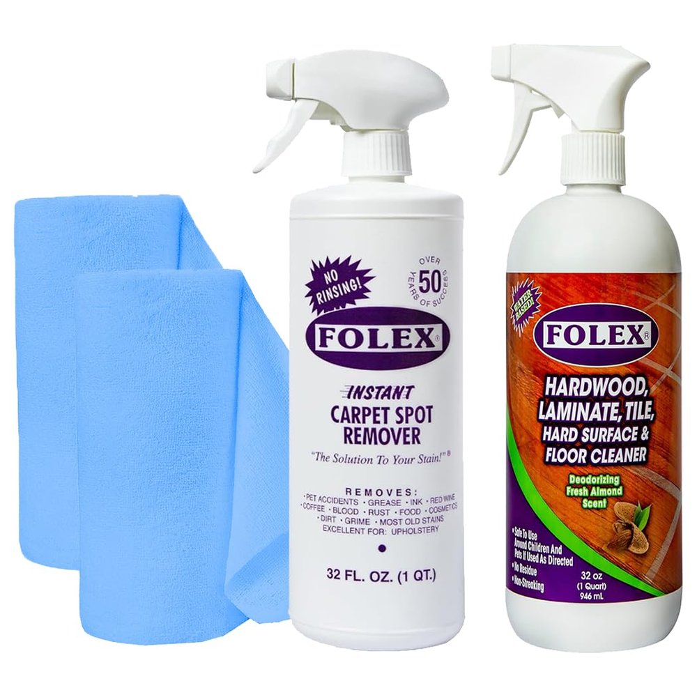 FOLEX Carpet Spot Remover & Hardwood/Floor Cleaner Bundle Removes Pet Stains, Grease, Red Wine, Food & More Bundle of Two 32 oz Bottles + 2 Reusable Cleaning Cloths