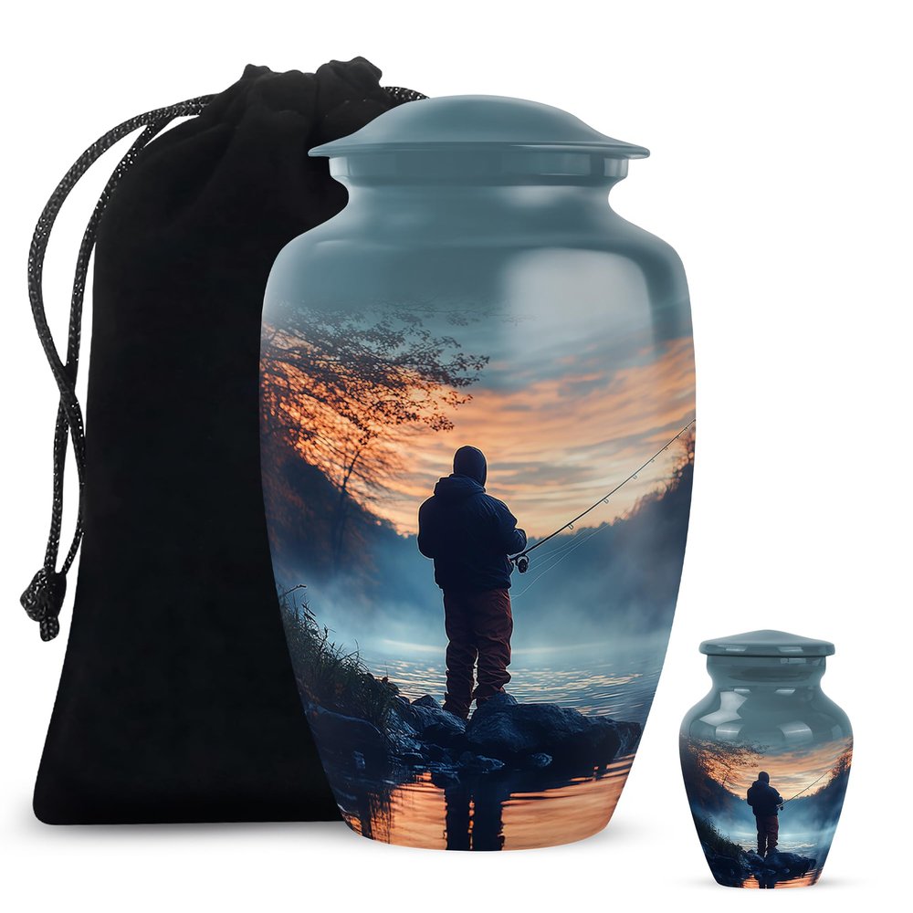 LEXFAY Fishing Large Urns for Human Ashes Adult - Cremation Urn for Human Adult - Urns for Ashes Men -Funeral Urn for Dad - Combo of Large & Small