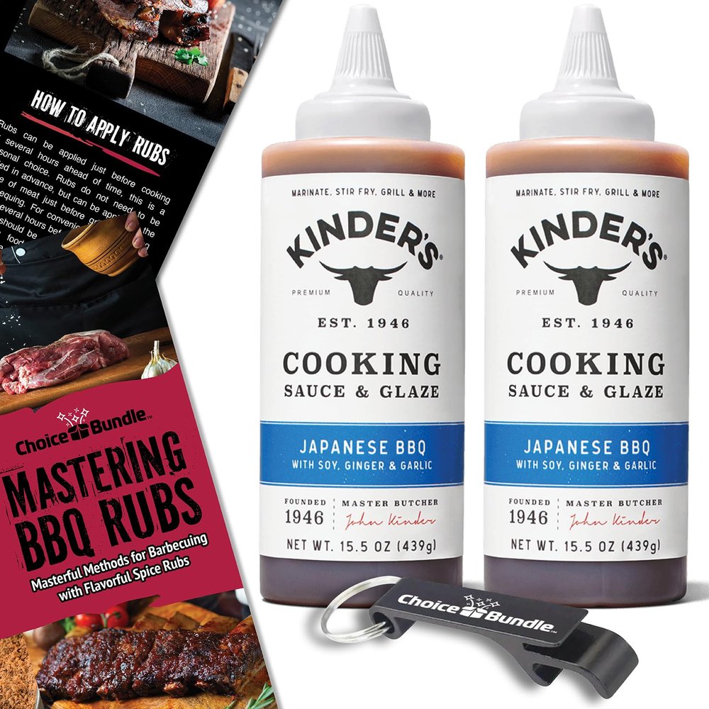 Kinders Japanese BBQ Cooking Sauce & Glaze 2 Pk (31 oz) with Soy, Ginger & Garlic to Marinate, Stir-Fry Grill + Barbecue Guide & Bottle Opener (4 Items)!