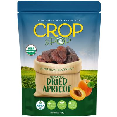 CROP BY POP - Organic Sun Dried Apricots, No Sugar Added, Unsulphured (16oz, 1 LB) Sweet Healthy Snack, USDA Organic, Non GMO, Vegan Resealable Bag