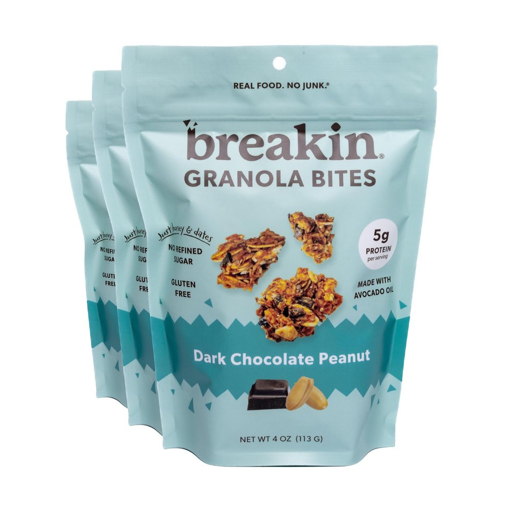 Breakin Protein & Fiber Granola Bites 3 Pack (4oz Each) No Refined Sugar, Gluten Free, Dairy Free, Seed Oil Free. Healthy Snack for Adults & Kids On-the-Go (3 Pack, Dark Chocolate Peanut)