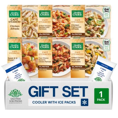 Salutem Vita Chicken Alfredo, Grilled Marinara, Fettuccini Alfredo with Broccoli, Sweet and Sour, Four Cheese Ravioli Marinara, Grilled Pesto with Vegetables, Gift Set