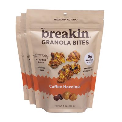 Breakin Protein & Fiber Granola Bites 3 Pack (4oz Each) No Refined Sugar, Gluten Free, Dairy Free, Seed Oil Free. Healthy Snack for Adults & Kids On-the-Go (3 Pack, Coffee Hazelnut)