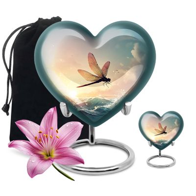 Funeral and Memorial Heart Urns for Ashes, Dragonfly urn Keepsake Urn for Ash, Adult Funeral Urn Handcrafted, Memorial Gift for Men & Women, Combo, Grey (8 Inch & 3 Inch Mini)