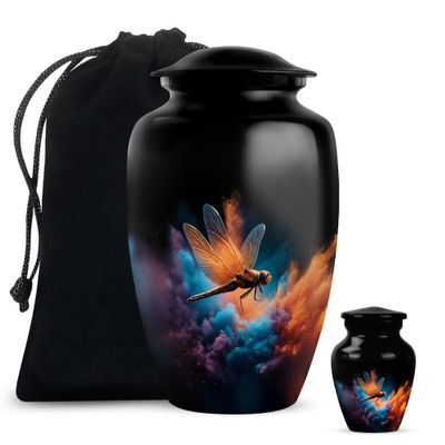 Funeral and Memorial Urns for Human Ashes, Dragon Fly Keepsake Urn for Ash, Adult Funeral Urn Handcrafted, Memorial Gift, Combo, Black (10 Inch & 3 Inch Mini)