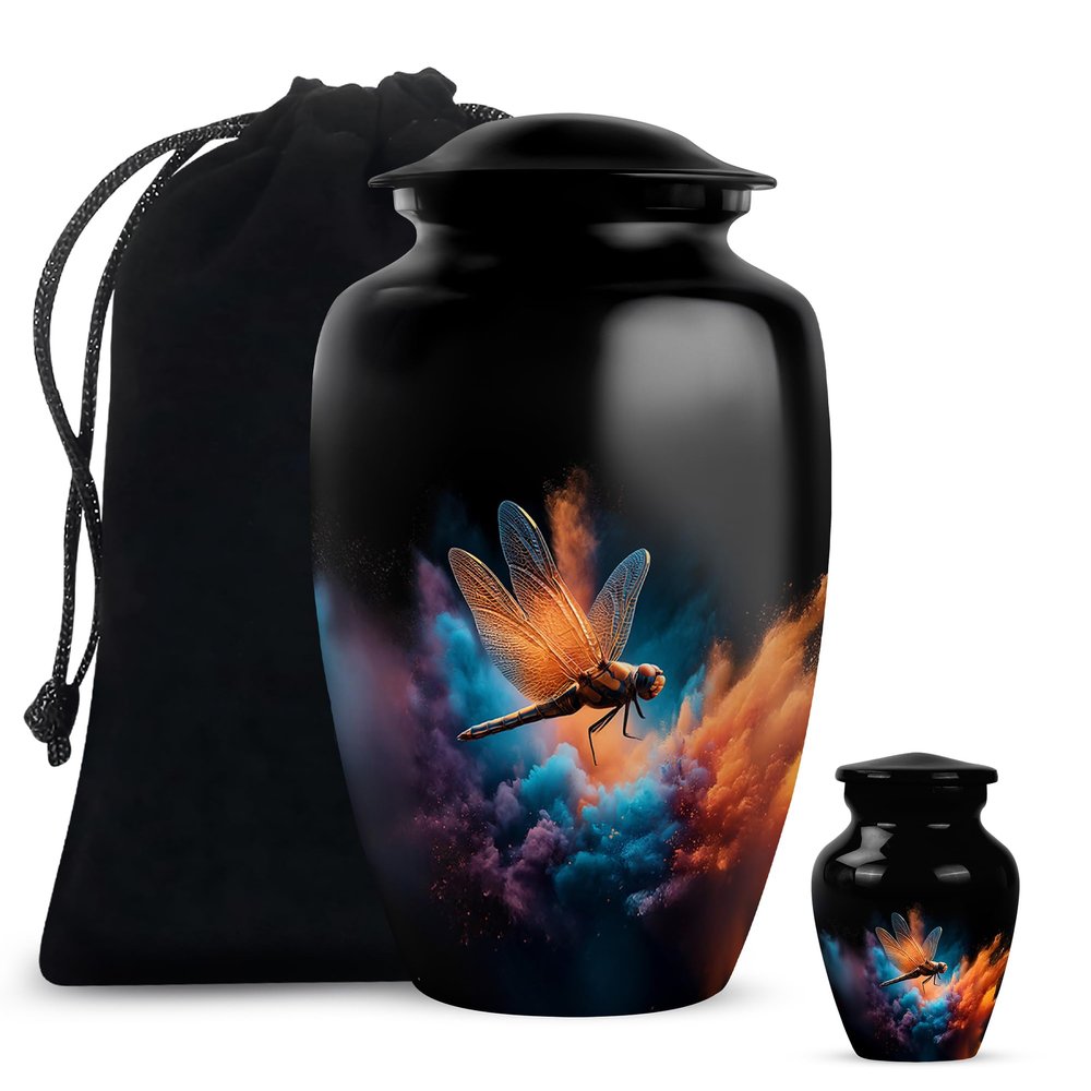 Funeral and Memorial Urns for Human Ashes, Dragon Fly Keepsake Urn for Ash, Adult Funeral Urn Handcrafted, Memorial Gift, Combo, Black (10 Inch & 3 Inch Mini)