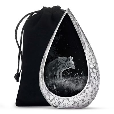 Remembrate Wolf Funeral Urns for Adult Ashes Men and Women 10 Inch - Black Night Adult Urns for Human Ashes Women - Stars Large Drop Cremains Containers - Burial Urn for Dad Remains with Velvet Bag