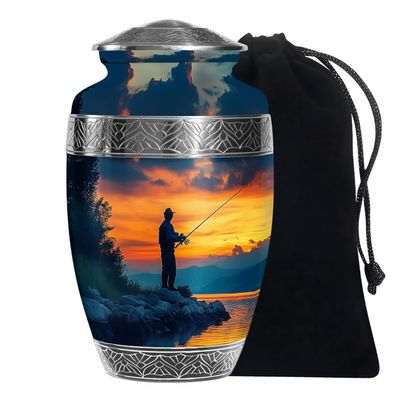 JAGASY Fishing Large Urn for Human Ashes Adult Cremation Memorial Holder Funeral Ashes Urn for Male Remains -10 Inch