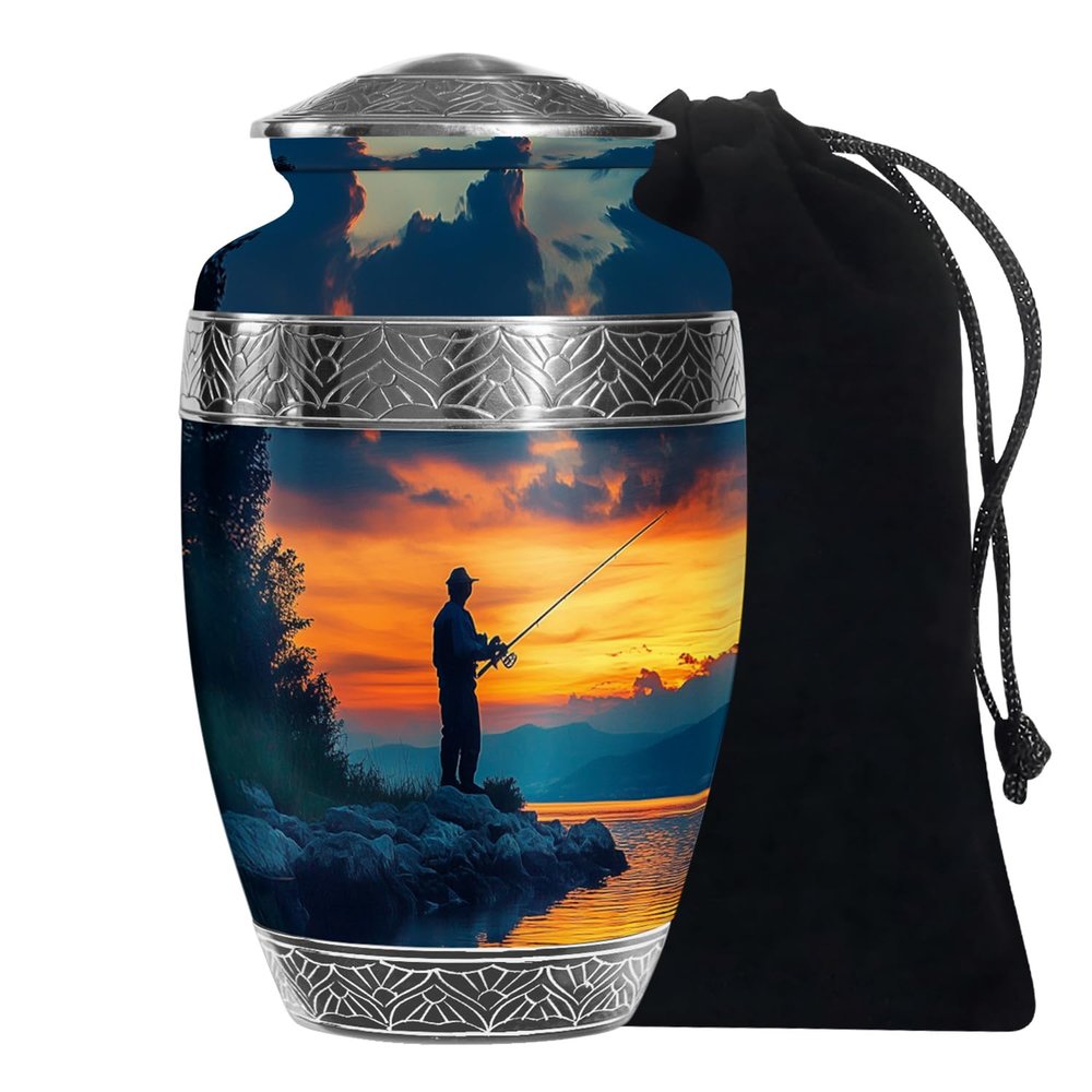 JAGASY Fishing Large Urn for Human Ashes Adult Cremation Memorial Holder Funeral Ashes Urn for Male Remains -10 Inch