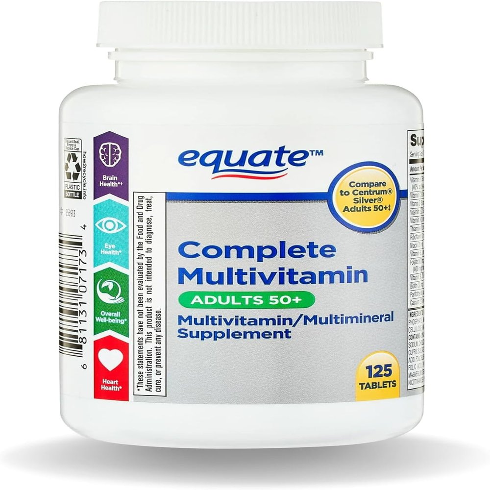 Equate Adult 50+ One Daily Complete Multivitamin Multimineral Supplement Tablets, Healthy Brain* - Compare to Centrum Silver, 125 Pills (Pack of 1) + VSL