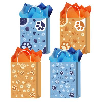 16 Pcs Blue Dog Party Favor Bags with 20 Sheets Tissue Paper, Cartoon Puppy Paw Theme Patterns Gift Bags with Handles, Kraft Goodie Candy Treat Bags for Happy Birthday Baby Shower Supplies Decoration