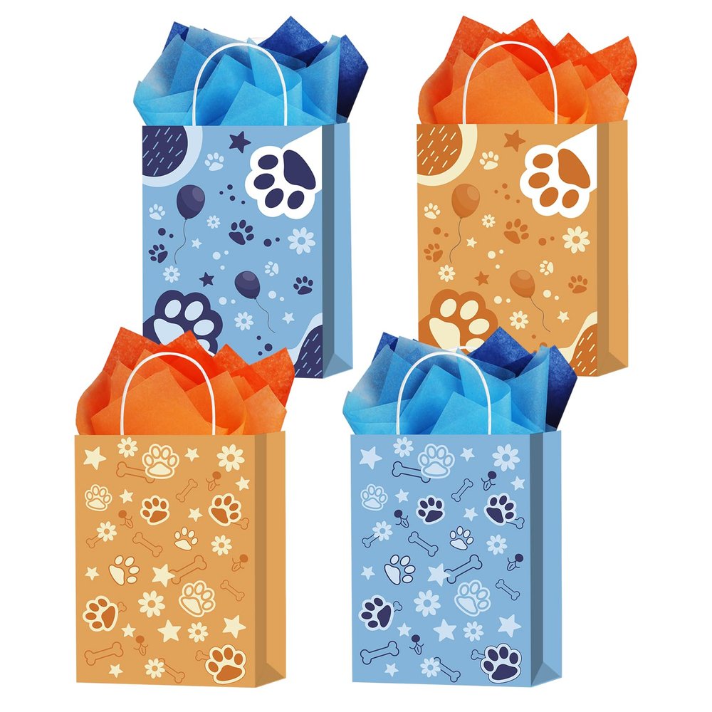 16 Pcs Blue Dog Party Favor Bags with 20 Sheets Tissue Paper, Cartoon Puppy Paw Theme Patterns Gift Bags with Handles, Kraft Goodie Candy Treat Bags for Happy Birthday Baby Shower Supplies Decoration