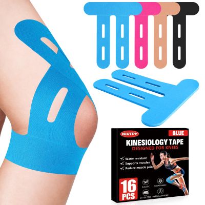 16 PCS Kinesiology Tape for Knees, Knee Support Tape, Precut Knee Tape for Knee Stability, Athletic Tape, Kinetic Tape for Knee - Blue